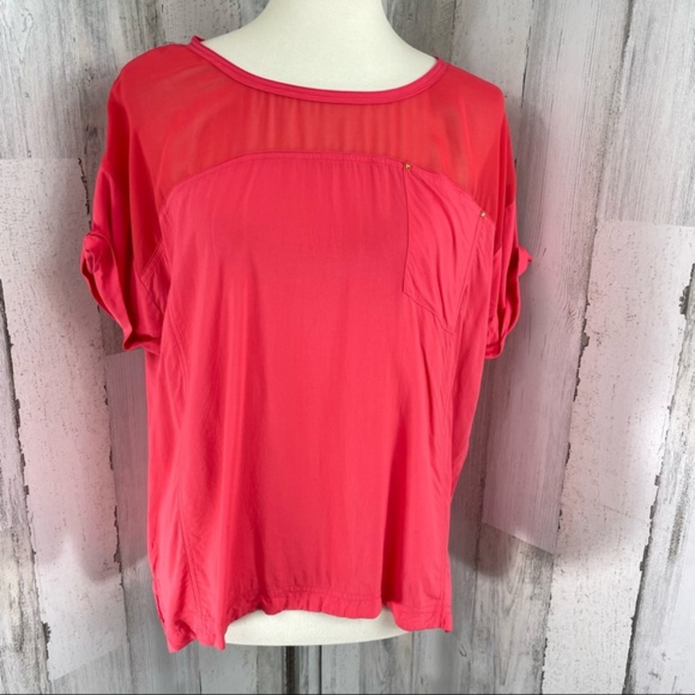 MNG Women’s Sheer Collar Coral Pink  Short‎ Sleeve Casual Top Blouse Top Size L